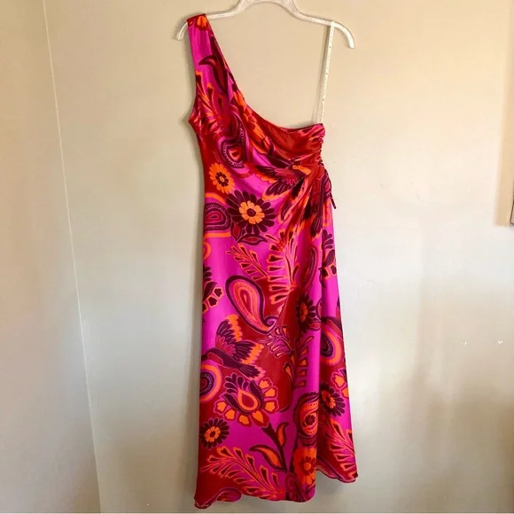 NEW FARM Rio Bold Floral Pink Midi Dress One Shoulder Cut-Out Beaded Tie Size L - Picture 7 of 16